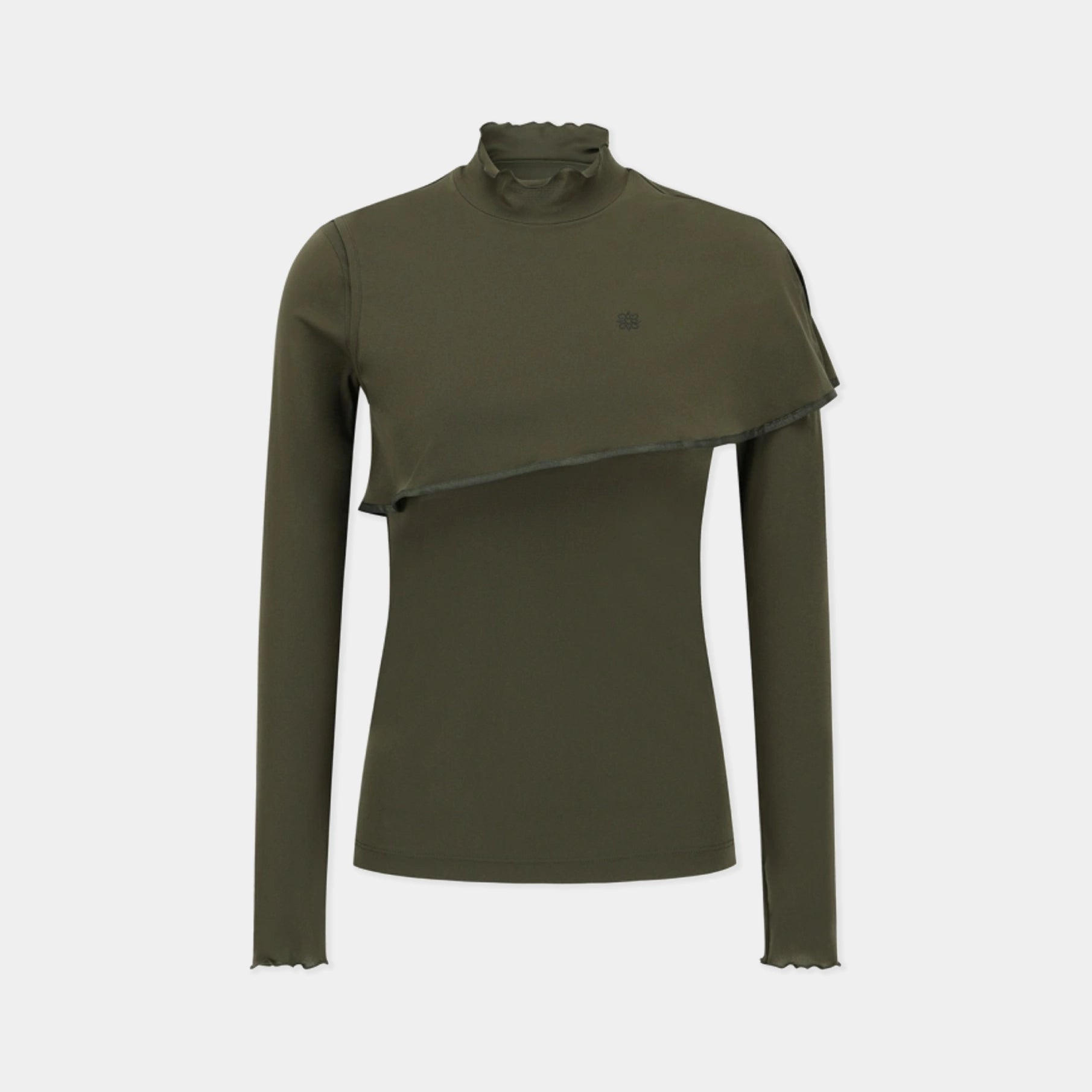 An olive green long-sleeve mock neck top with an asymmetrical draped overlay across the chest, displayed on a clean light gray background.