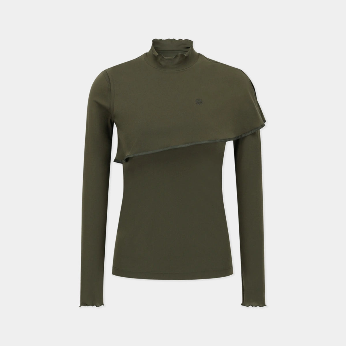 An olive green long-sleeve mock neck top with an asymmetrical draped overlay across the chest, displayed on a clean light gray background.