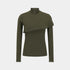An olive green long-sleeve mock neck top with an asymmetrical draped overlay across the chest, displayed on a clean light gray background.