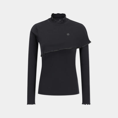 A black long-sleeve mock neck top with an asymmetrical draped overlay and a small white logo on the chest, displayed on a light gray background.