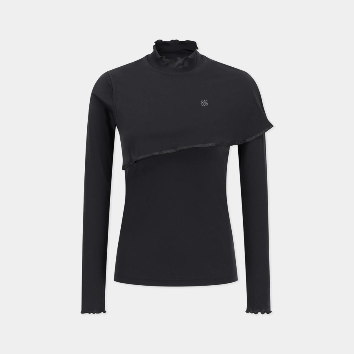 A black long-sleeve mock neck top with an asymmetrical draped overlay and a small white logo on the chest, displayed on a light gray background.