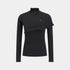 A black long-sleeve mock neck top with an asymmetrical draped overlay and a small white logo on the chest, displayed on a light gray background.
