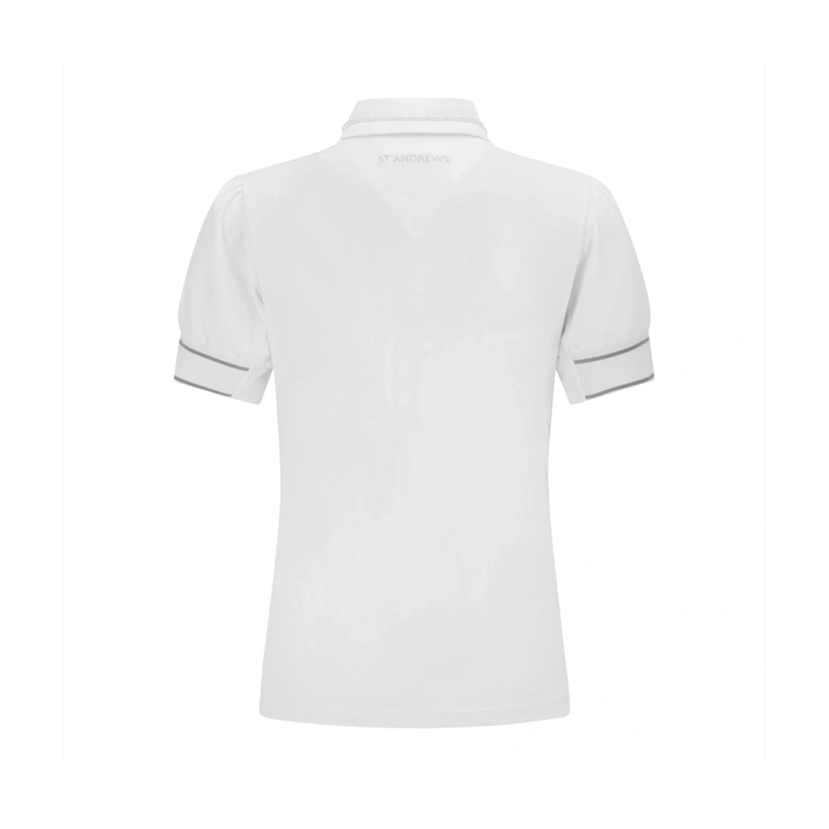 White short-sleeve polo shirt shown from the back, featuring a V-neck collar and subtle gray piping details on the sleeve cuffs.