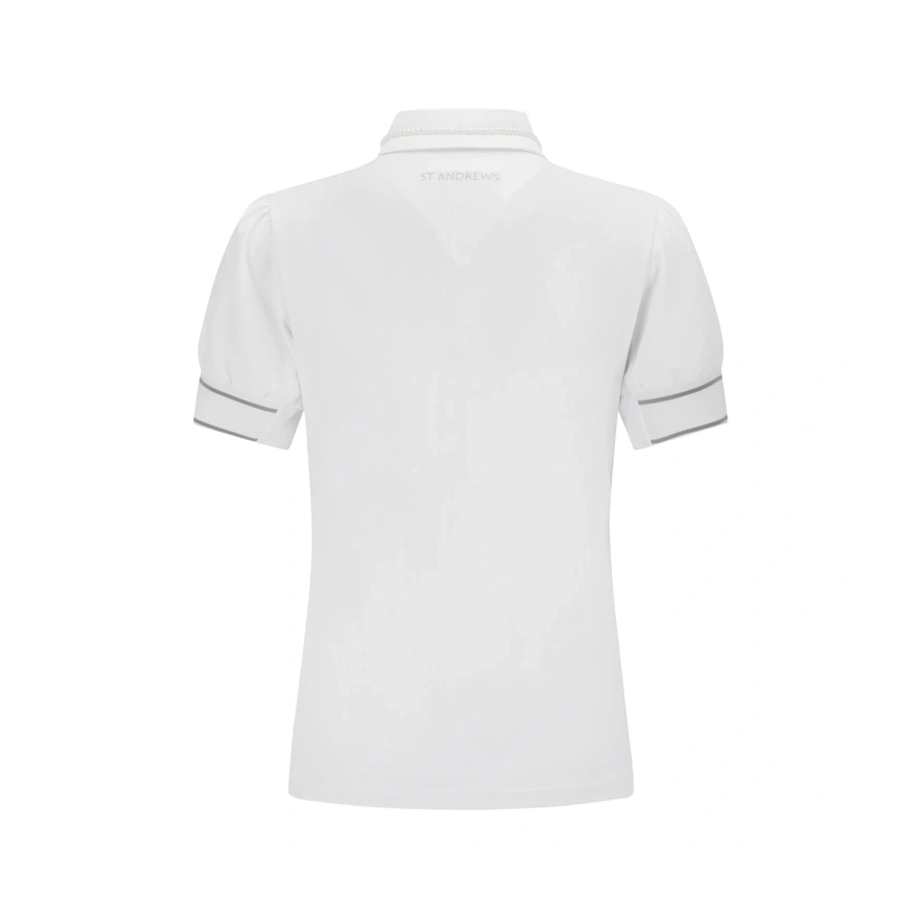 White short-sleeve polo shirt shown from the back, featuring a V-neck collar and subtle gray piping details on the sleeve cuffs.