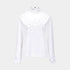 A white long-sleeve mock neck top with a textured, raised snowflake or floral applique detail on the center chest, displayed on a light gray background.