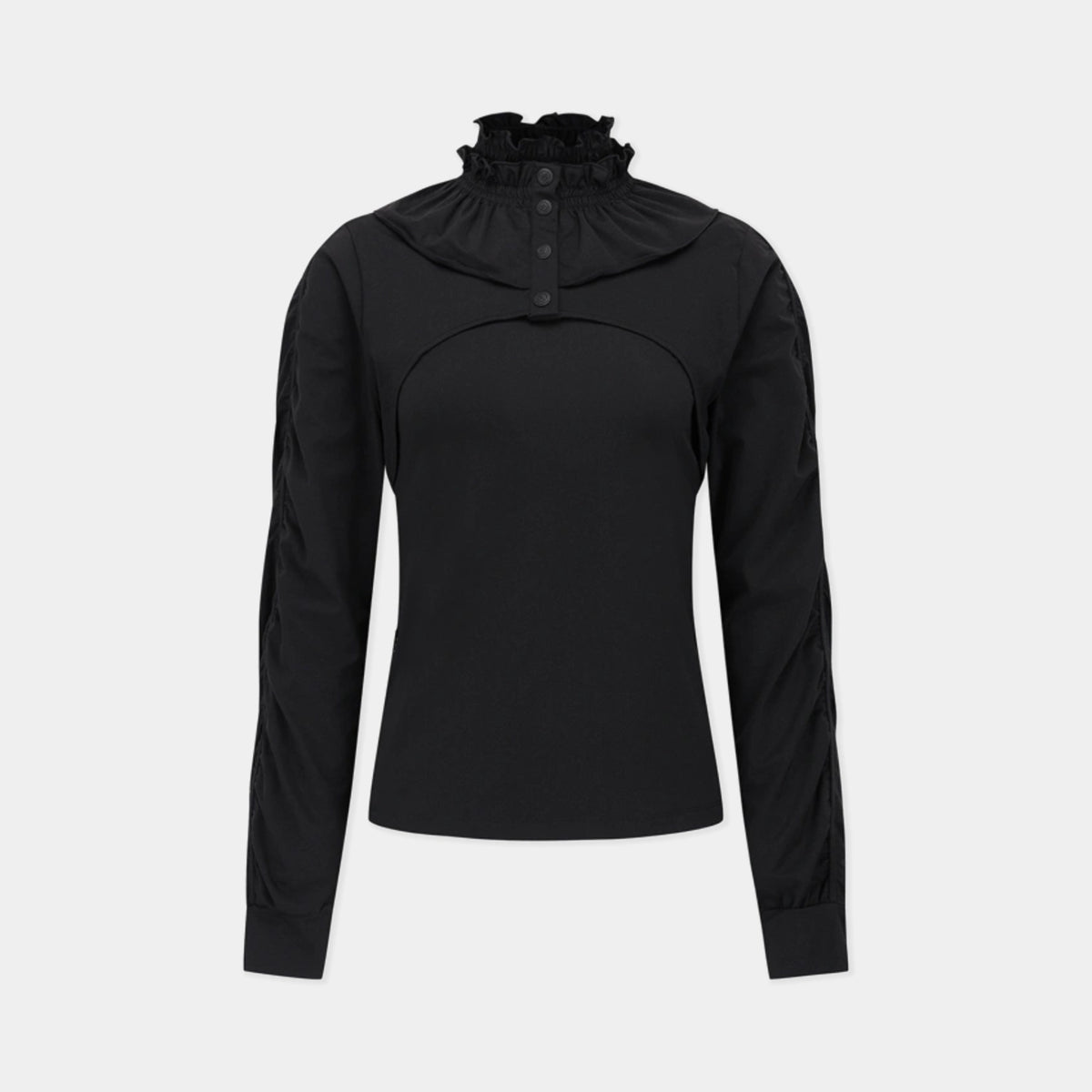 A black long-sleeve top with a ruffled mock neck and three-button placket, displayed on a light gray background.