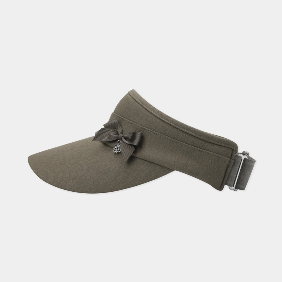 An olive green visor hat with a dark brown bow and a small silver crystal charm on the front, shown against a light gray background.