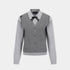 A gray and light gray color-blocked cardigan sweater with a black bow at the collar, shown on a light gray background.