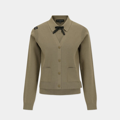 A taupe knit cardigan sweater with a black bow at the collar, button-front closure, and front patch pockets, shown on a light gray background.