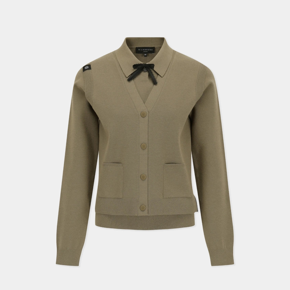 A taupe knit cardigan sweater with a black bow at the collar, button-front closure, and front patch pockets, shown on a light gray background.