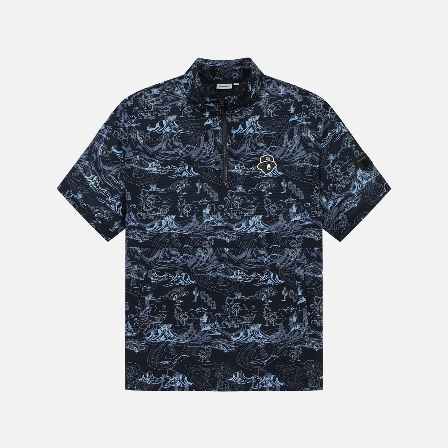 A short-sleeve quarter-zip pullover shirt featuring an all-over wave and boat print in light blue and white on a dark navy background, with a small circular chest logo.