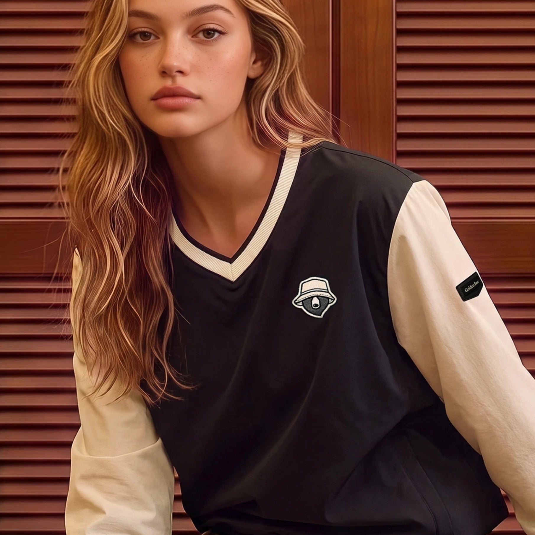 A woman wearing a black and cream long-sleeve v-neck athletic top with a small chest logo, posed against a brown wooden slatted background.