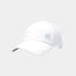 A white baseball cap featuring delicate white lace trim across the front panels and brim, with a small white embroidered flower detail on the side, set against a solid light gray background.