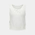 A sleeveless white knit top with a textured pattern, a scoop neckline, a small bow detail at the center, and a ruffled hem, shown against a light gray background.