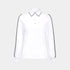 A white long-sleeve polo shirt with black-and-white patterned trim on the collar and down the sleeves, featuring a buttoned placket and elasticized cuffs, shown against a light gray background.