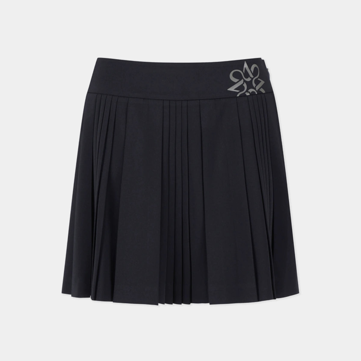 A black pleated athletic skirt with a wide waistband and a silver embroidered logo on the right side, shown against a light gray background.