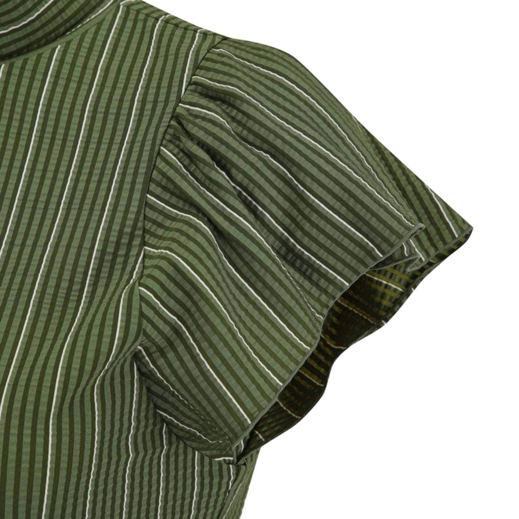 Close-up of a green striped blouse with a ruffled short sleeve, featuring vertical stripes in olive green, dark green, and thin white lines, set against a plain white background.