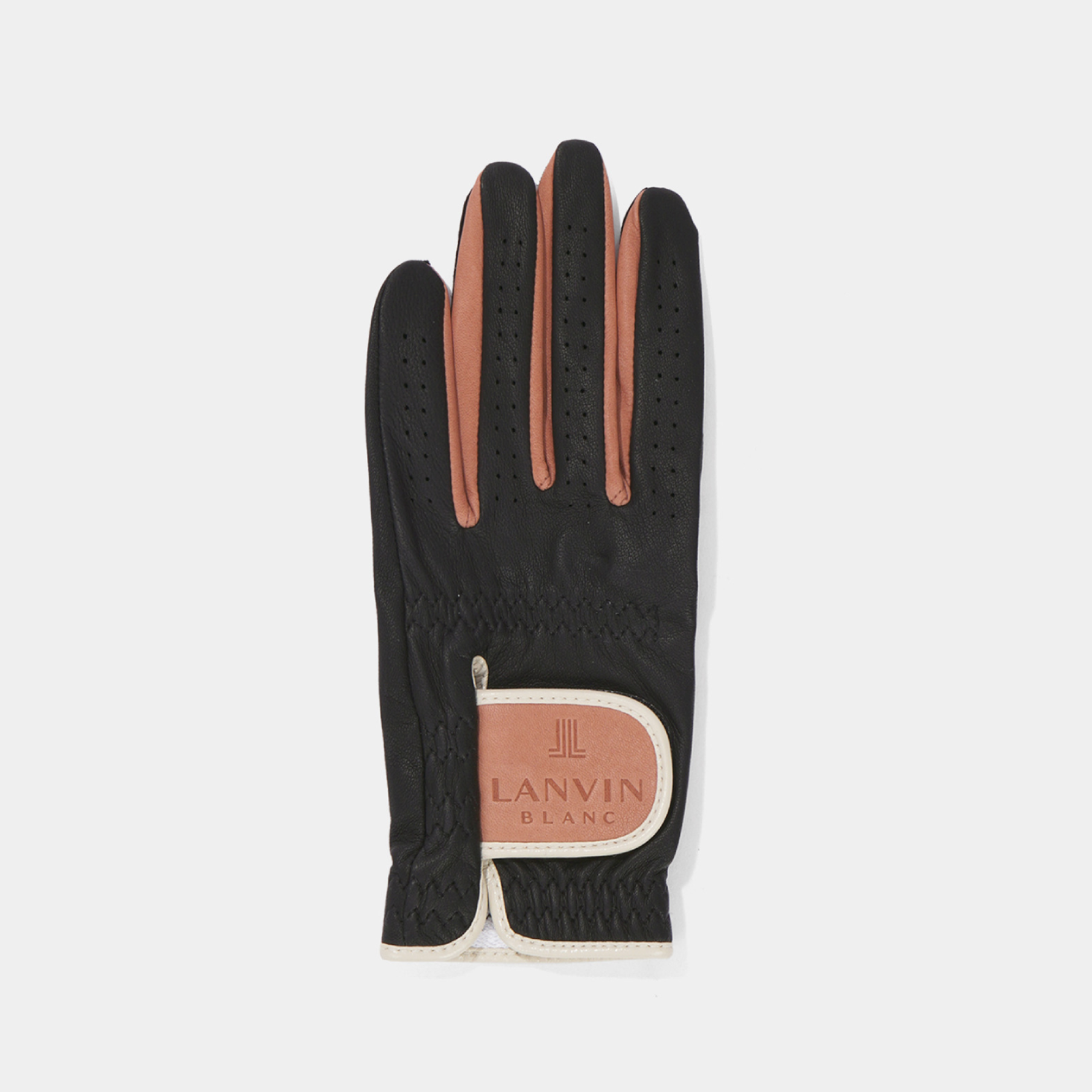 A single black golf glove with tan leather finger panels and a tan wrist patch reading LANVIN BLANC, shown on a light gray background.