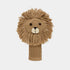 A hand-knitted lion head golf club cover in shades of tan and brown, featuring a textured mane, embroidered facial features, and a knitted neck sleeve, shown against a plain light gray background.