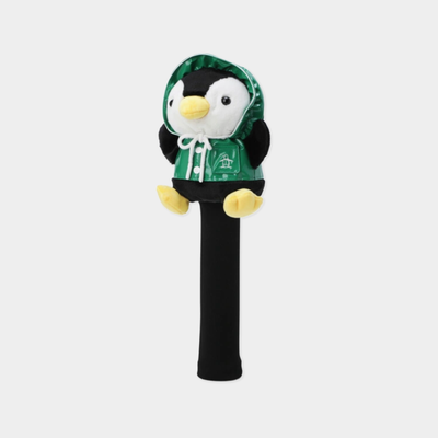 A plush penguin golf club headcover featuring a hooded penguin character wearing a green hoodie with a white drawstring and a small white logo, mounted on a black cylindrical cover, set against a light gray background.