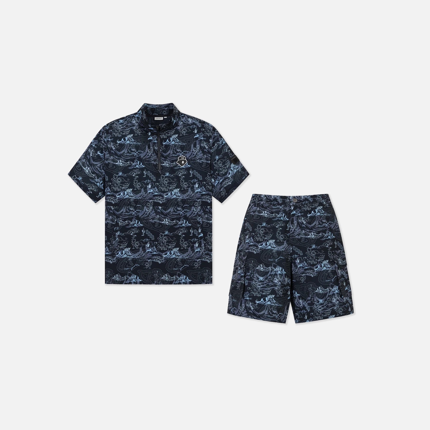 A matching two-piece set featuring a short-sleeve polo shirt and shorts in a dark navy blue and light blue abstract wave pattern, displayed on a light gray background.