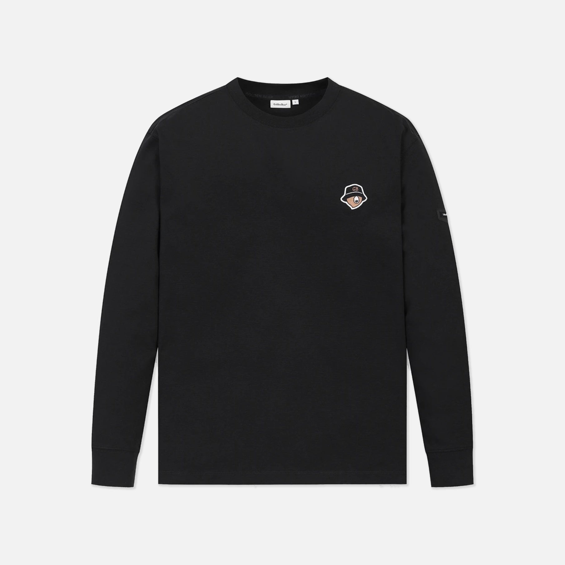 A black long-sleeve crewneck sweatshirt with a small embroidered graphic on the left chest, displayed flat against a light gray background.