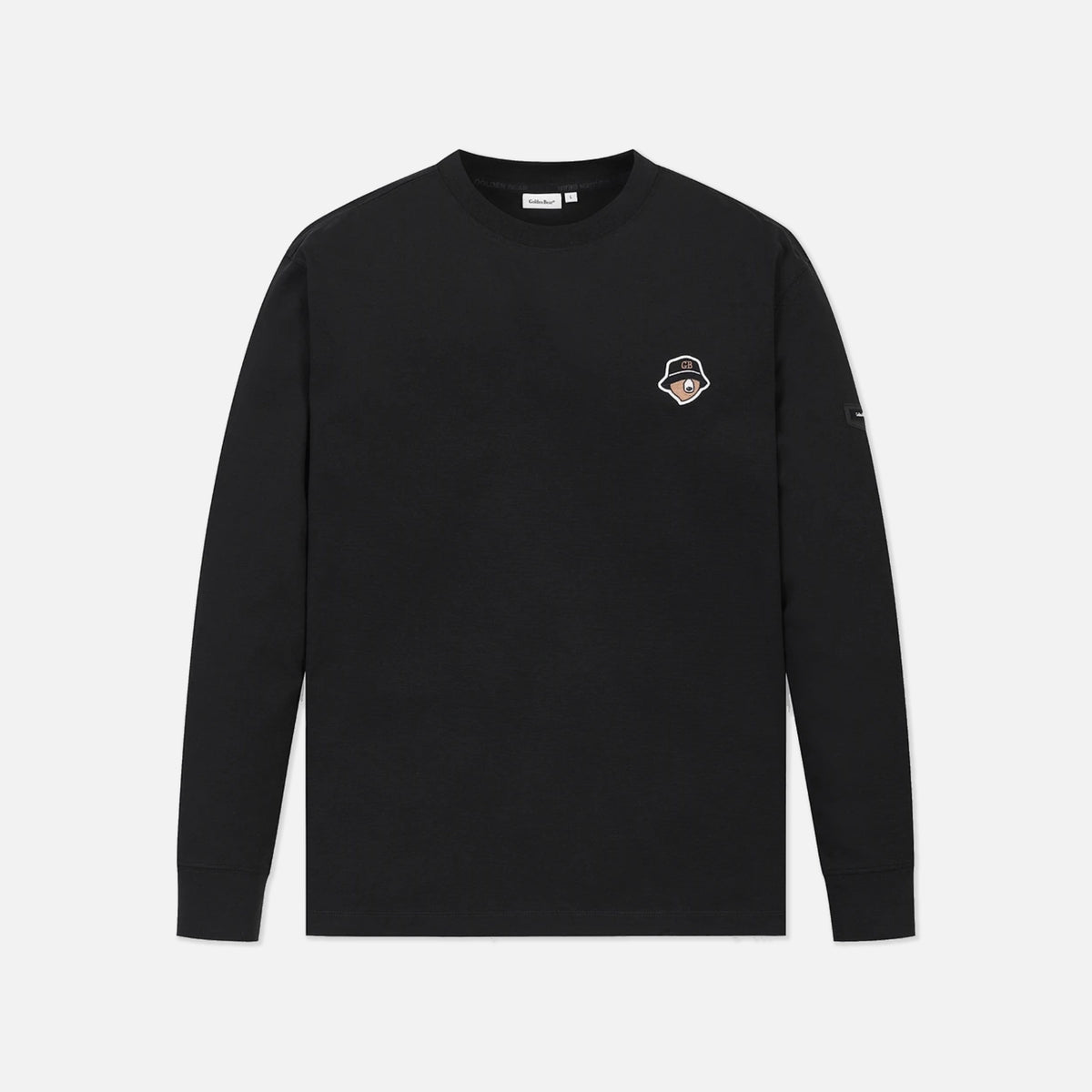 A black long-sleeve crewneck sweatshirt with a small embroidered graphic on the left chest, displayed flat against a light gray background.
