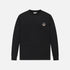 A black long-sleeve crewneck sweatshirt with a small embroidered graphic on the left chest, displayed flat against a light gray background.