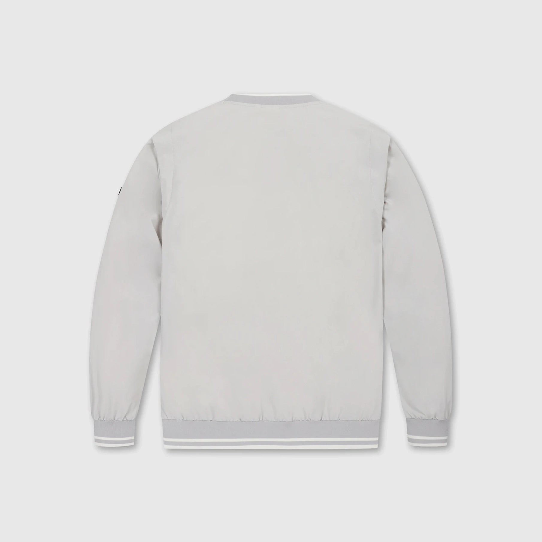 The back view of a light gray bomber jacket with ribbed collar, cuffs, and hem, displayed on a neutral light gray background.