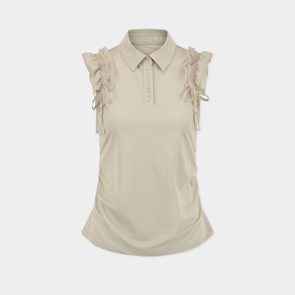 A light beige sleeveless collared top with ruffled cap sleeves, tie details on the shoulders, and a button placket, shown against a light gray background.