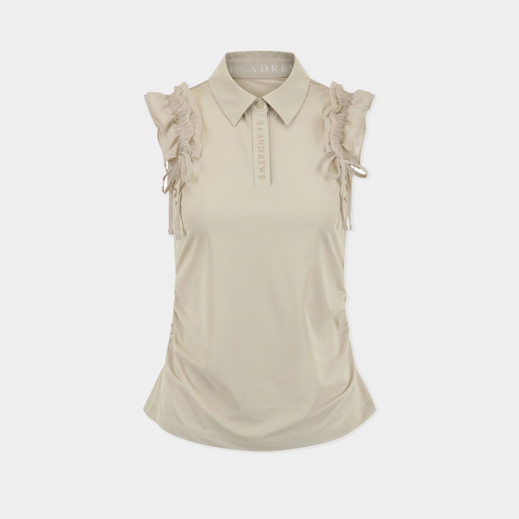 A light beige sleeveless collared top with ruffled cap sleeves, tie details on the shoulders, and a button placket, shown against a light gray background.