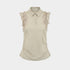 A light beige sleeveless collared top with ruffled cap sleeves, tie details on the shoulders, and a button placket, shown against a light gray background.