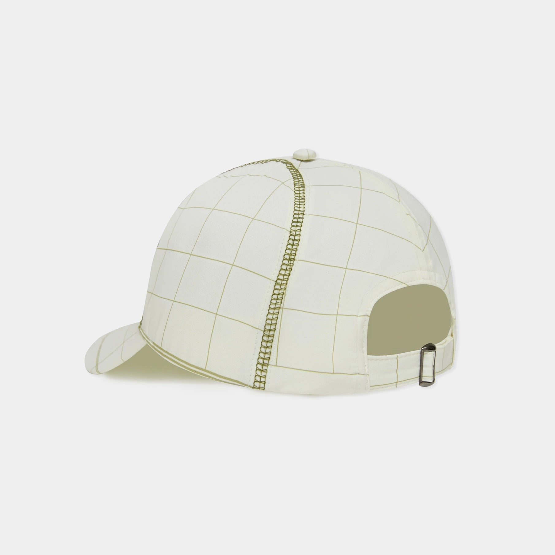 A structured baseball cap shown from a rear three-quarter angle, featuring a cream-colored fabric body with a thin olive green windowpane grid pattern and a central vertical seam.