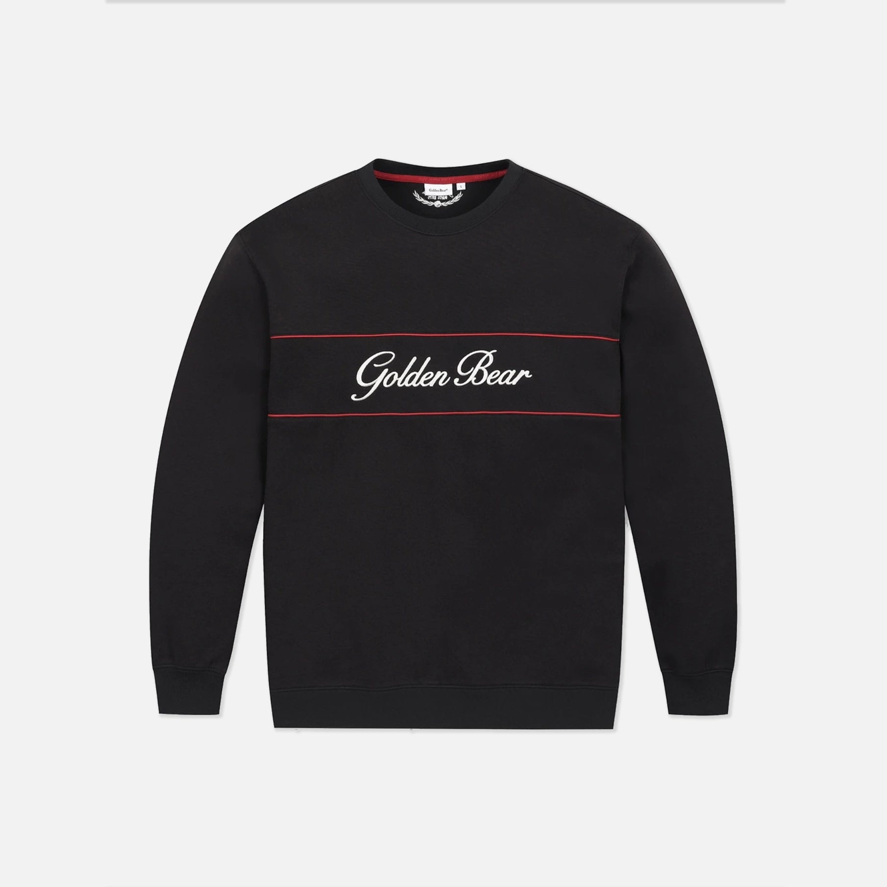 A black crewneck sweatshirt with 'Golden Bear' written in white script across the chest, framed by two thin red horizontal lines, shown on a light gray background.