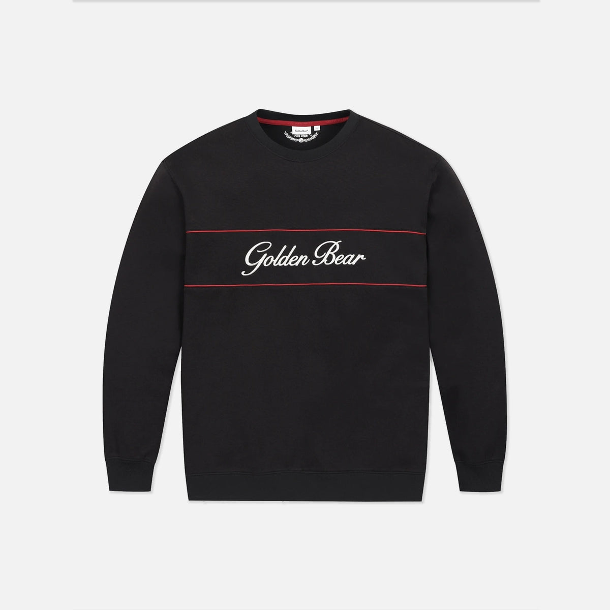 A black crewneck sweatshirt with 'Golden Bear' written in white script across the chest, framed by two thin red horizontal lines, shown on a light gray background.