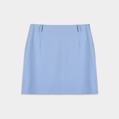 A light blue mini skirt with a straight, slightly flared silhouette, featuring belt loops and a clean front opening, shown flat against a light gray background.