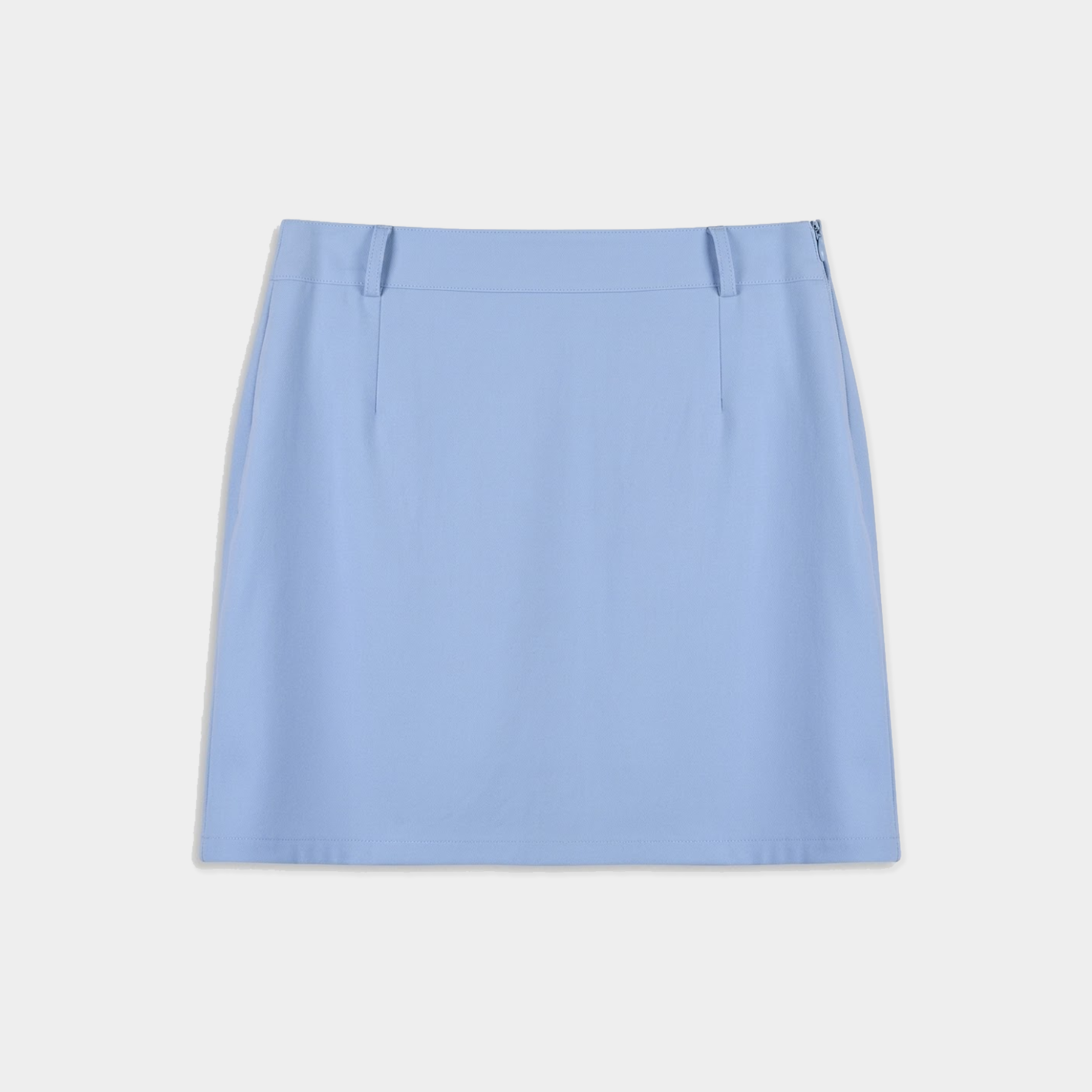 A light blue mini skirt with a straight, slightly flared silhouette, featuring belt loops and a clean front opening, shown flat against a light gray background.