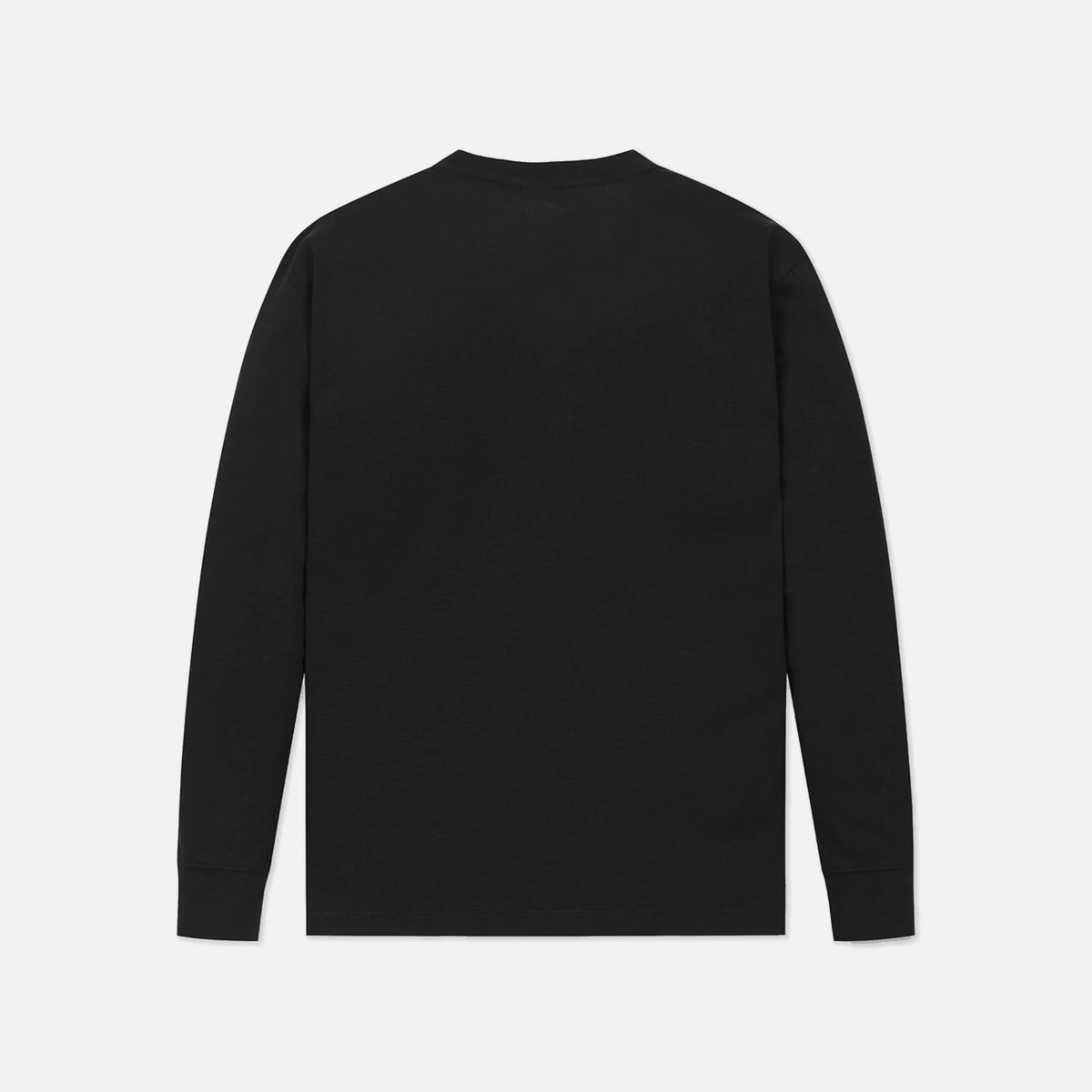 A black long-sleeve crewneck shirt shown from the back, laid flat against a light gray background.