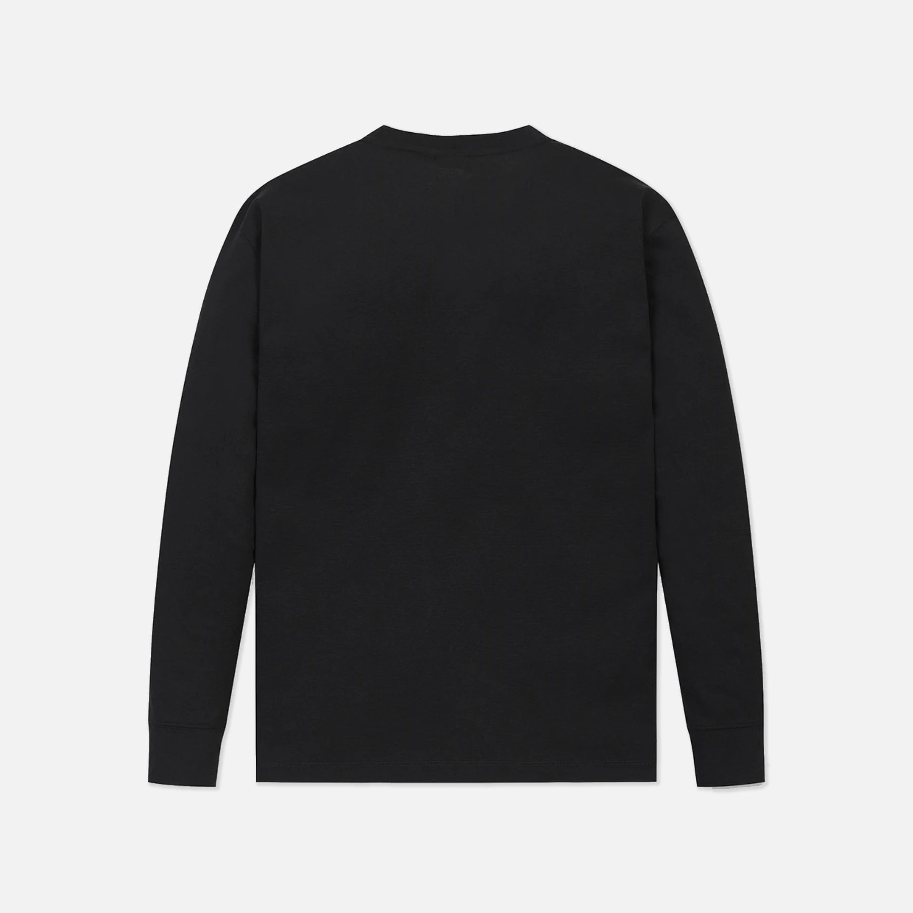 A black long-sleeve crewneck shirt shown from the back, laid flat against a light gray background.