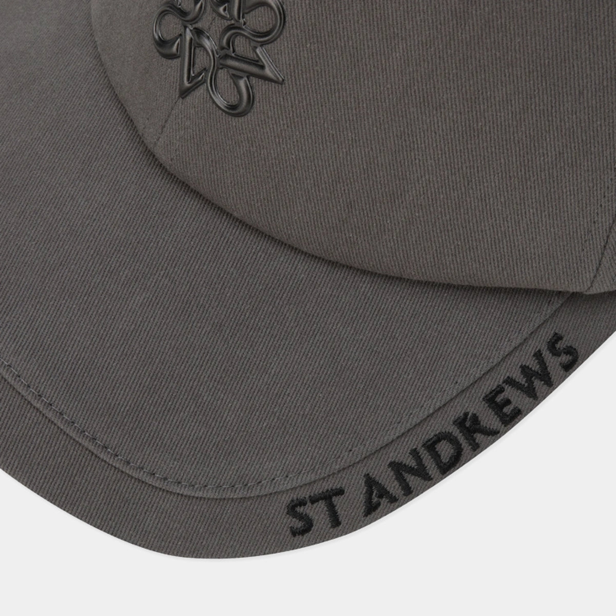 Close-up of a dark gray St Andrews baseball cap showing the embroidered St Andrews cross logo on the front and 'ST ANDREWS' text on the brim.