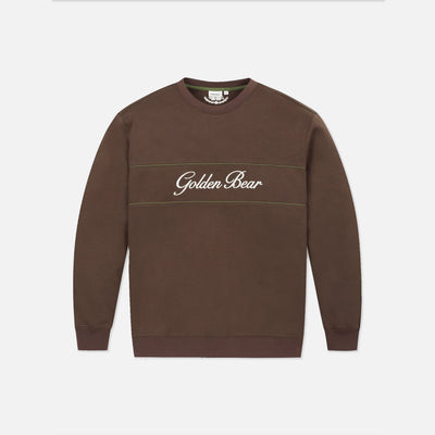 A brown crewneck sweatshirt with 'Golden Bear' embroidered in white script across the chest, flanked by two thin horizontal green stripes, shown on a light gray background.