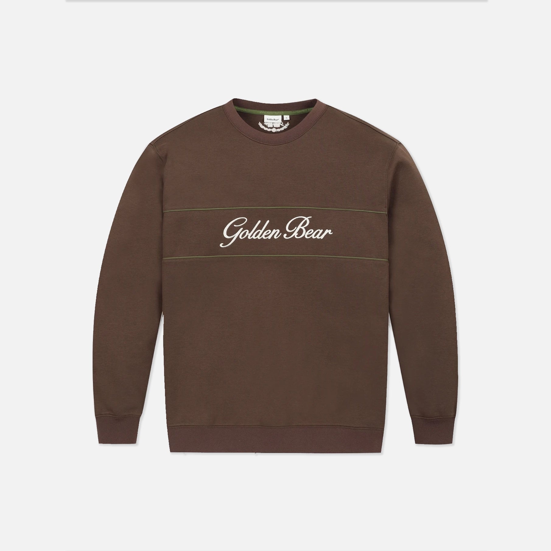 A brown crewneck sweatshirt with 'Golden Bear' embroidered in white script across the chest, flanked by two thin horizontal green stripes, shown on a light gray background.