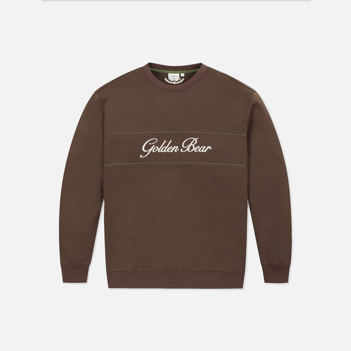A brown crewneck sweatshirt with 'Golden Bear' embroidered in white script across the chest, flanked by two thin horizontal green stripes, shown on a light gray background.