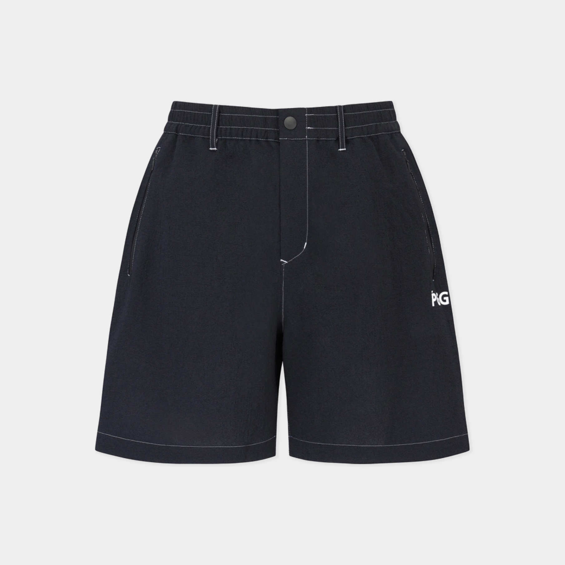 A pair of dark navy blue denim shorts with white contrast stitching and a small white 'HG' logo on the left leg, displayed against a light gray background.