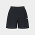 A pair of dark navy blue denim shorts with white contrast stitching and a small white &