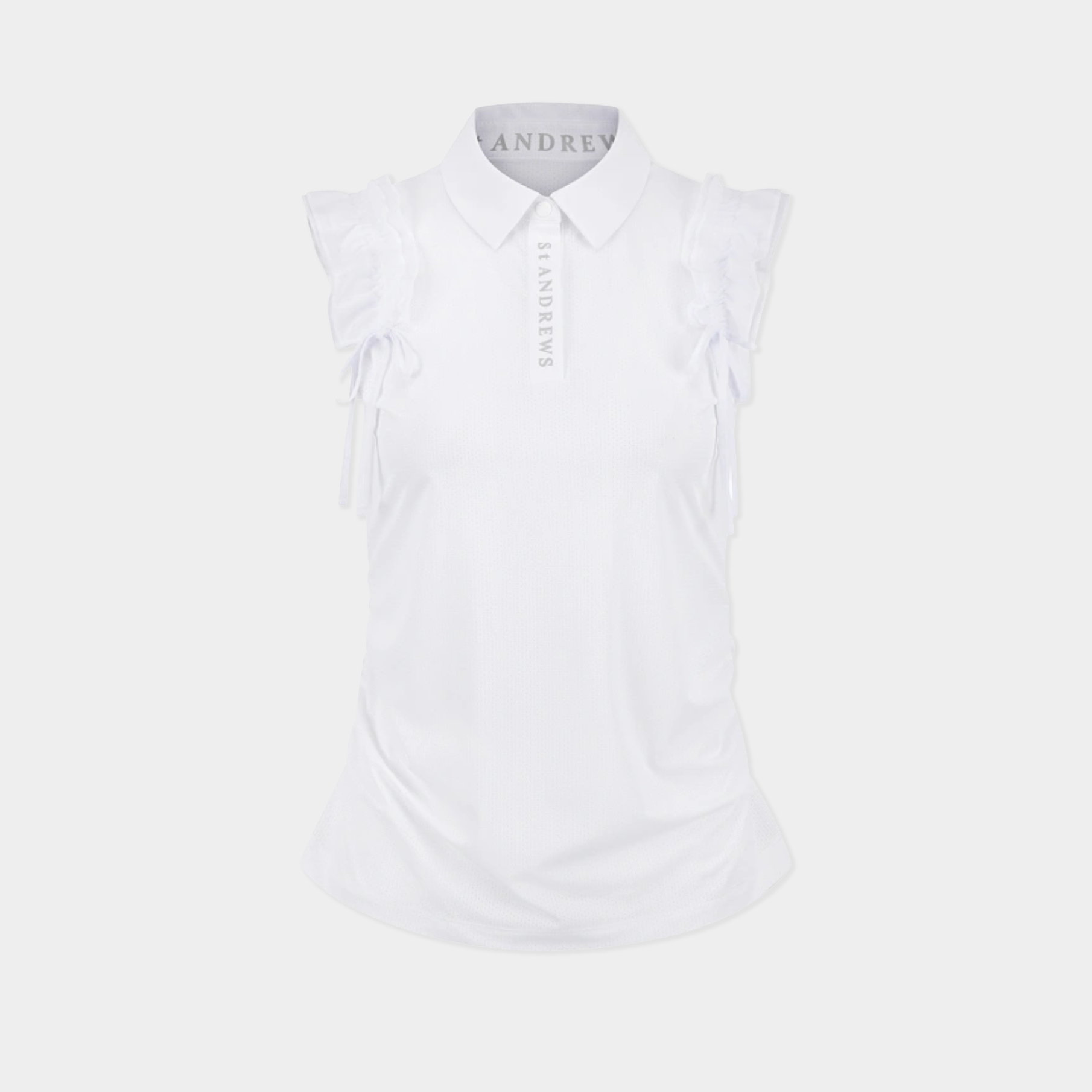 A white sleeveless polo shirt with ruffled cap sleeves and side bows, displayed on a light gray mannequin torso. The brand name 'ANDREY' is visible on the inner neck label.