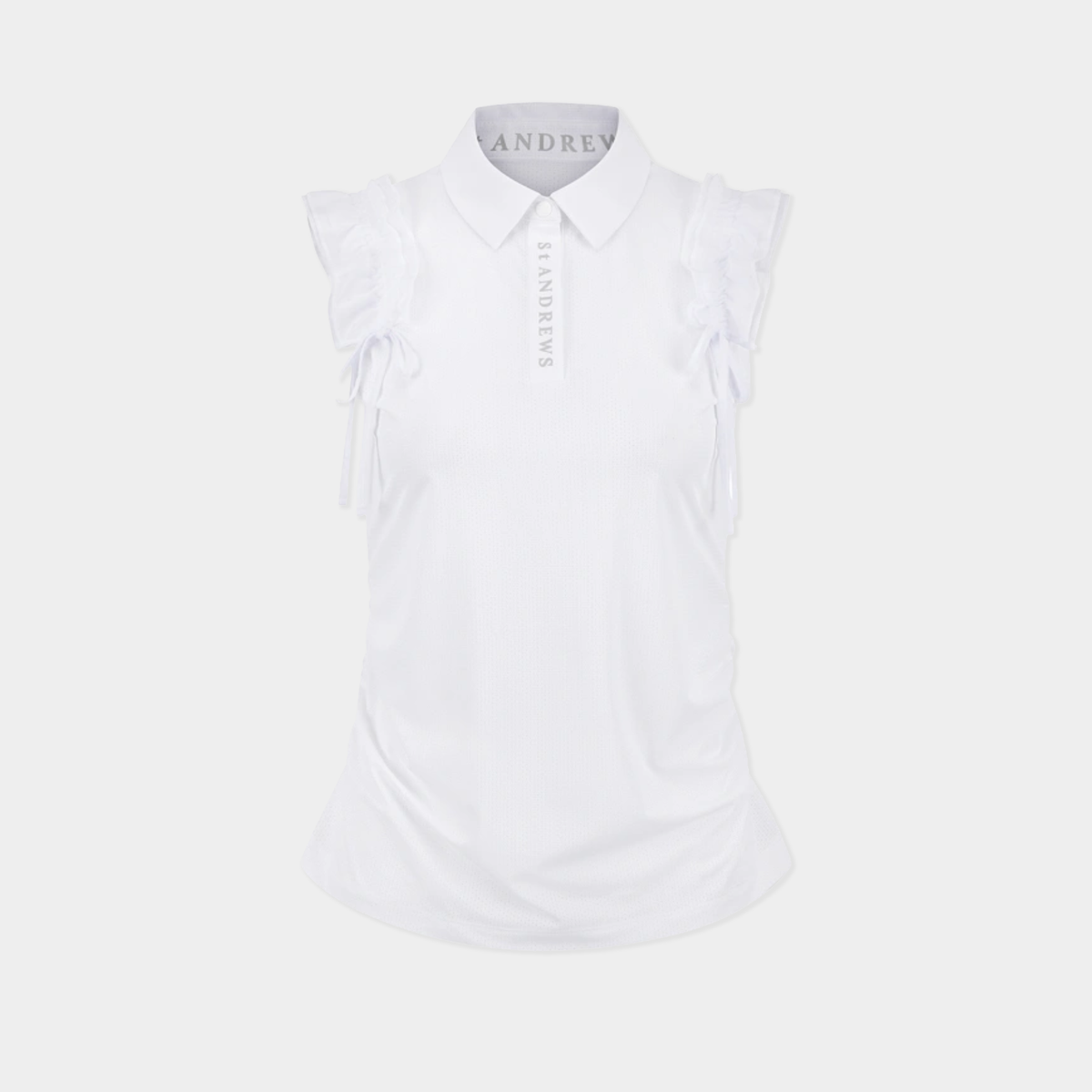 A white sleeveless polo shirt with ruffled cap sleeves and side bows, displayed on a light gray mannequin torso. The brand name 'ANDREY' is visible on the inner neck label.
