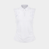 A white sleeveless polo shirt with ruffled cap sleeves and side bows, displayed on a light gray mannequin torso. The brand name &