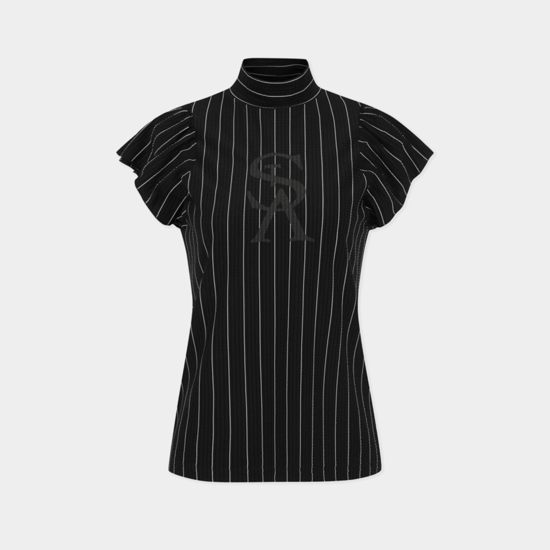 A black short-sleeve mock neck top with thin white vertical pinstripes and a tonal embroidered 'SR' monogram on the chest, displayed on a neutral light gray background.