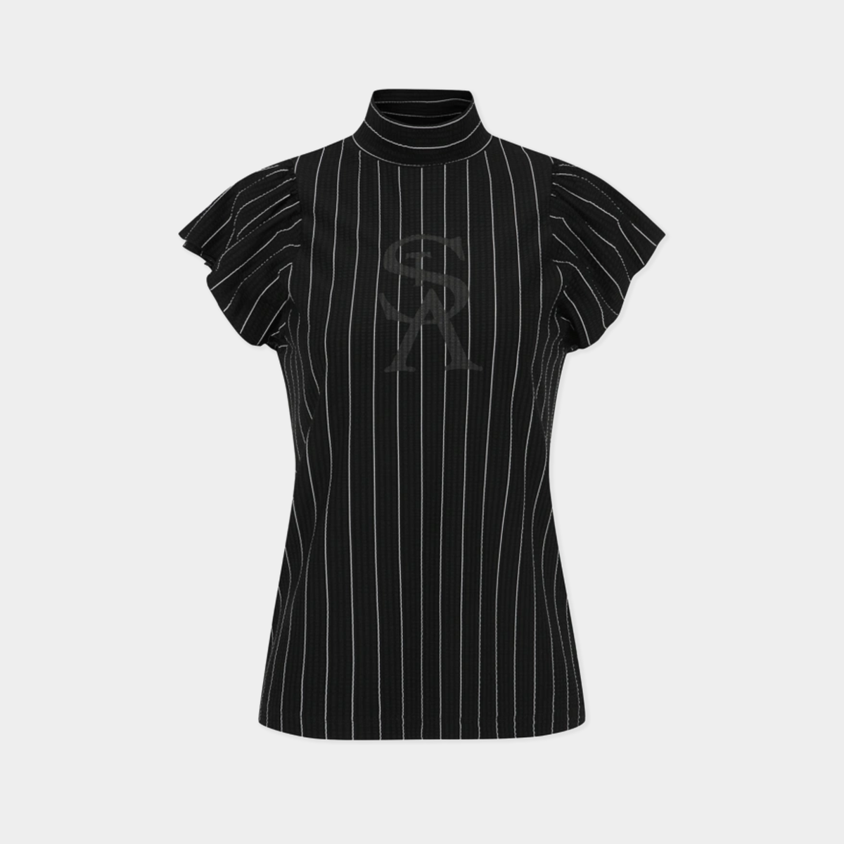 A black short-sleeve mock neck top with thin white vertical pinstripes and a tonal embroidered 'SR' monogram on the chest, displayed on a neutral light gray background.
